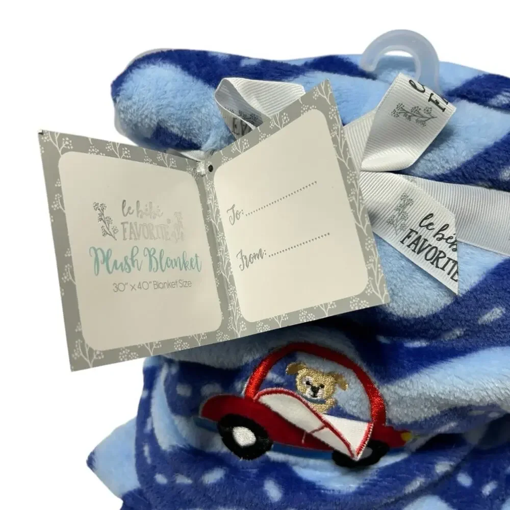 Le Bebe Favorite Plush Red Slug Bug Car Puppy Dog Baby Blanket Blue Road NWT